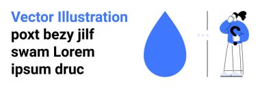 Büyük su damlası şeklinin yanında şemsiye tutan kadın yağmur konseptini temsil ediyor. Hava durumu, iklim değişikliği, su tasarrufu, çevre, eğitim, farkındalık kampanyaları, basit iniş sayfaları için ideal