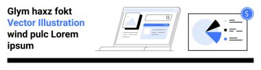 Laptop, ögelerin bulunduğu web arayüzünü gösterir. Arama çubuğu, resim yer tutucu. Komşu monitör pasta grafiği analizini gösteriyor. Veri sunumu, web sitesi tasarımı, raporlar, analitikler için ideal