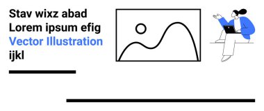 Dizüstü bilgisayarlı bir iş kadını soyut sanat eserlerine el kol kanat geriyor. Tasarım için ideal, yaratıcı iş, profesyonel iletişim, beyin fırtınası, sunumlar, eğitim, basit iniş sayfası