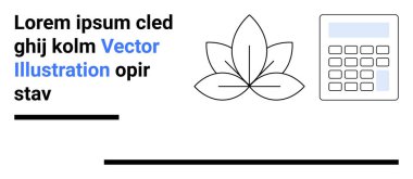 Geometrik çizgilerle yaprak, basit hesap makinesi ve sahte metin elemanları temiz bir görüntü oluşturur. Eğitim, iş araçları, çevre, finans, modern tasarım, basit iniş sayfası için ideal