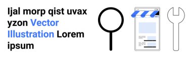 Büyüteç, mavi tenteli dijital vitrin ve arama, e-ticaret ve aletleri gösteren İngiliz anahtarı. Arama sistemleri, uygulama geliştirme, e-ticaret, tamir teknolojisi inişi için ideal
