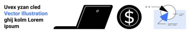 Laptop silueti, dolar işareti simgesi ve ok ve bölümlü pasta grafiği. Finans, analitik, iş, teknoloji, ekonomi, dijital araçlar için ideal basit iniş sayfası