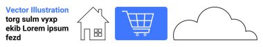 Ev taslağı, mavi alışveriş arabası ikonu, ve evi ifade eden bulut şekli, dijital ticaret ve bulut bilgisayarı. Perakende, teknoloji, ağ, uygulamalar için ideal konut hizmetleri sade iniş