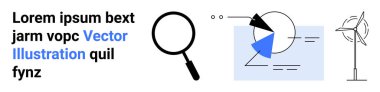 Büyüteç metni vurgular, geometrik grafik veriyi görselleştirir, rüzgar türbini yenilenebilir enerjiyi simgeler. Veri araştırması, enerji, sürdürülebilirlik, analitik, eğitim, yenilik için ideal basit