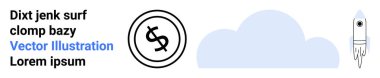 Bir dolar işareti çemberiyle eşleştirilmiş, yumuşak bulut şeklinin üzerinde uçan roket. Yatırım, ilerleme, girişim büyümesi, finansal hedefler, yenilik ve hırs için idealdir. Soyut satır düzlüğü