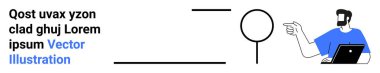 Yanında kalın bir tipografi olan bir dizüstü bilgisayarla dairesel bir diyagramı işaret eden bir adam. Eğitim, teknoloji, takım çalışması, tasarım, analiz, sunumlar için ideal, minimal düz iniş sayfası pankartı