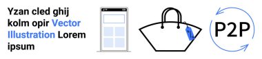 Bir alışveriş çantası ve P2P sembolü yanında online alışveriş, eşler arası ticaret, perakende, teknoloji, tüketici malları, dijital platformlar, düz iniş sayfası afişi olan oklar.
