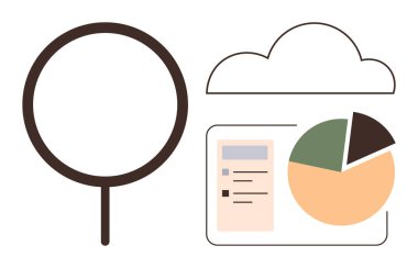 Bulut ve pasta grafikli büyüteç, analizi, bulut deposunu ve veri içgörüsünü temsil ediyor. Araştırma için ideal, büyük veri, teknoloji, istatistik, bulut hesaplama analitiği basit iniş