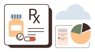 İlaç şişesi, hap, veri tabanı çizelgesi ve bulut ikonu olan bir etiket. Sağlık hizmetleri, eczane, teletıp, veri analizi, tıbbi araştırma bulut depolama sade iniş sayfası için ideal