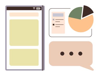 Akıllı telefon düzeni, pasta grafiği, kontrol listesi ve konuşma balonu bilgi paylaşımı ve analizi gösteriyor. Veri görselleştirme, iletişim, üretkenlik, kullanıcı deneyimi ve takım çalışması için ideal