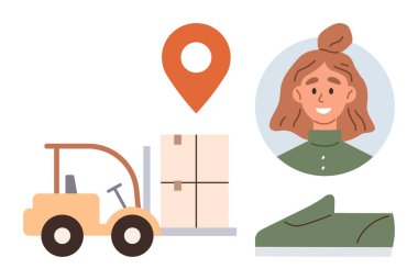 Forklift taşıma paketi, kırmızı lokasyon iğnesi, gülümseyen bayan müşteri, yeşil ayakkabı. Lojistik, dağıtım, e-ticaret, müşteri hizmetleri, çevrimiçi alışveriş perakende sade iniş sayfası için ideal