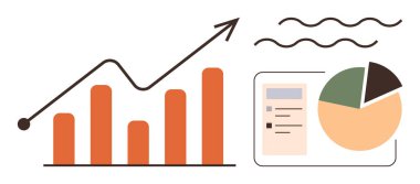 Grafikler, yukarı doğru ok, pasta grafiği ve kontrol listesi. İş büyümesi, performans takibi, veri analizi, istatistik ve raporlar için ideal sunumlar basit iniş sayfası