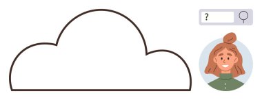 Bulut çizgisi, arama çubuğu ve kadın profil avatarı. Kullanıcı arayüzü, bulut hesaplama, veri depolama, profil yönetimi, arama fonksiyonları, teknoloji, basit iniş sayfası için ideal