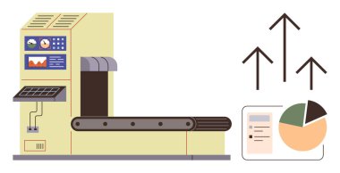 Kontrol paneli, taşıyıcı, büyüme okları ve pasta grafiği olan ekipman üretimi. Teknoloji, üretim, büyüme, yenilik, veri analizi için ideal, basit iniş sayfası