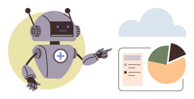 Yapay zekayı, veri işlemeyi, bulut işlemciliğini, otomasyonu, yeniliği, bilimi ve kullanıcı arayüzünü sembolize ederek analitik grafiği ve bulut öğesi ile analitik grafiğine hareket eden robot. Basit bir iniş için ideal.