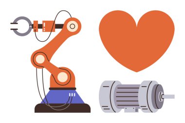 Robot kol, mekanik motor ve kalp yeniliği, otomasyonu ve insan merkezli teknolojiyi sembolize ediyor. Robot bilimi, mühendislik, yapay zeka, otomasyon teknolojisi endüstriyel tasarım için ideal.