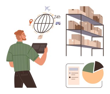 Küresel sevkiyatı tabletle, ambar raflarını paketlerle, teslimat simgeleriyle ve analitik panelle izleyen adam. Lojistik, envanter, tedarik zinciri, e-ticaret, iş yönetimi için ideal