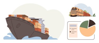 Kargo gemisi konteynırlarla dolu, yük treni nakliye malları, ve veri haritası pasta diyagramı. Lojistik, ticaret, ulaşım, analitik, kargo ve ekonomi için ideal