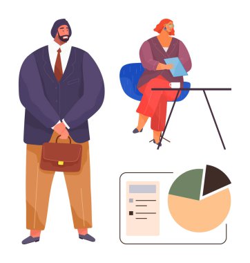 Elinde evrak çantası olan bir adam ve masasında belgeleri inceleyen bir kadın. İş, takım çalışması, strateji, veri analizi, planlama, kariyer ve basit bir iniş sayfası için ideal