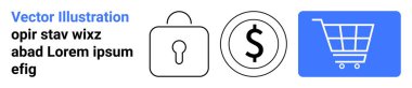 Kilit güvenliği, dolar sembolü parayı ve el arabası da alışverişi temsil ediyor. E-ticaret, ödeme güvenliği, çevrimiçi iş, mali işlemler, dijital güvenlik, basit perakende satış için ideal