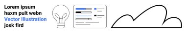 Ampulün yanında metin bloğu, sürgülü UI prototipi ve soyut bulut, yenilik, yaratıcılık, tasarım, teknoloji kavramları, beyin fırtınası ve iletişimi gösteriyor. Basit bir iniş sayfası için ideal