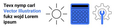 Güneş ikonu, basit hesap makinesi ve ingiliz anahtarlı teçhizat enerji, hesaplama ve üretkenliği temsil eder. Yenilenebilir enerji, mühendislik, teknoloji, eğitim iş araçları veri yönetimi için ideal