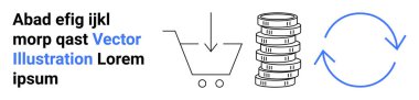 Aşağı doğru ok, birikmiş paralar ve satın almayı, tasarruf etmeyi ve işlemleri simgeleyen dairesel oklarla alışveriş arabası. E-ticaret, finans, işlem akışı, iş sürdürülebilirliği için ideal