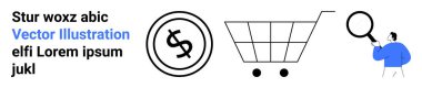 Dolar parası, alışveriş arabası ve e-ticareti, finansal analizi, perakende araştırmasını sembolize eden büyüteç kullanan kişi. Çevrimiçi alışveriş, pazar eğilimleri, ekonomi anlayışı ve iş için ideal