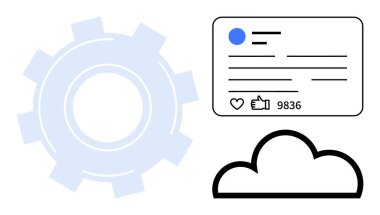 Bulut ve sosyal medya ölçüm kartı bulunan vites sembolü. Analiz, teknoloji, takım çalışması, üretkenlik, veri paylaşımı, bağlantı, basit iniş sayfası için ideal
