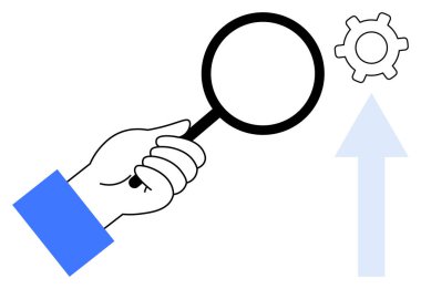 Yukarı ok dışındaki teçhizata odaklanarak, analizi, gelişmeyi ve ilerlemeyi sembolize eden bir büyüteç tutuyor. Araştırma, yenilik, üretkenlik, optimizasyon, kariyer büyümesi, iş dünyası için ideal