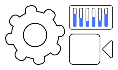İlerleme çubukları ve düğmelerini gösteren kontrol paneli olan dişliler. Otomasyon için ideal, işlem yönetimi, teknoloji, kontrol sistemleri, verimlilik, veri takibi, basit iniş sayfası