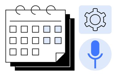 Vurgulanmış tarihli takvim, ayarlar veya kişiselleştirme için bir dişli sembolü ve ses girişi için bir mikrofon. Zamanlama, görev yönetimi, üretkenlik, planlama, uygulamalar, erişilebilirlik için ideal