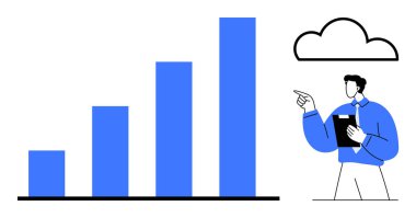 Elinde tablet olan bir işadamı yükselen bir bar tablosunu işaret ediyor. Yukarıdaki bulut dijital veya çevrimiçi büyümeyi sembolize eder. Analiz, iş stratejisi, teknoloji, veri, yenilik, planlama dairesi için ideal