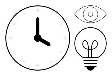 Analog saat, basit göz ve parlayan ampul zaman yönetimi, vizyon ve fikir üretimini sembolize ediyor. Yenilik, planlama, odaklanma, yaratıcılık farkındalık stratejisi için idealdir.