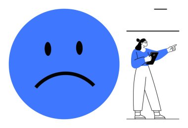 Tablet tutan ve öne bakan bir kadının yanında koyu siyah yüzlü büyük mavi üzgün bir yüz. İletişim, duygu, geri bildirim, kullanıcı deneyimi, talimat, yönlendirme, etkileşim için ideal