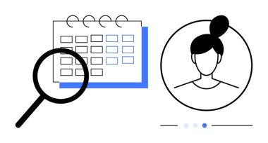 Büyüteç, bir kullanıcı profili avatarıyla birlikte bir takvime odaklanır. Zamanlama, organizasyon, takım çalışması, zaman yönetimi, insan kaynakları, profil güncellemeleri, basit iniş sayfası için ideal