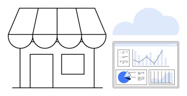 Depo önü ve bir buluta bağlı grafik ve grafikleri gösteren bir veri paneli. Perakende, analitik, iş, strateji, büyüme, e-ticaret, basit iniş sayfası için ideal