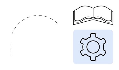 Yumuşak kare bir sembol içinde açık kitap ve teçhizat, noktalı bir yol ile bağlı. Eğitim, öğrenme süreci, yenilik, bilgi paylaşımı, otomasyon, problem çözme, basit iniş sayfası için ideal