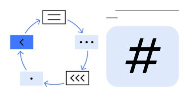 Sembolleri, dikdörtgenleri ve noktaları kalın üstveri etiketinin yanında birleştiren oklarla dairesel akış şeması. Süreç yönetimi, veri akışı, takım çalışması, bağlantı, dijital araçlar, yapı basit için ideal