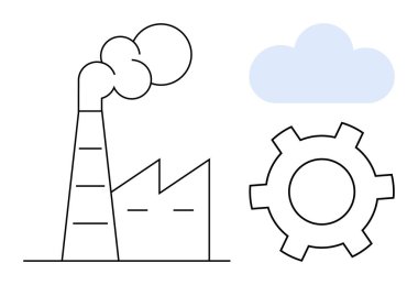 Duman yayan fabrika, endüstriyi sembolize eden vites ve bulut. Enerji, yenilik, çevresel etki, otomasyon, imalat, sürdürülebilirlik için ideal basit iniş sayfası