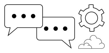 Mesaj baloncukları, ekipman ve bulut vurgulama takım çalışması, fikirler veya teknoloji. İletişim, işbirliği, beyin fırtınası, problem çözen bulut teknolojisi iş akışı süreçleri ve basit