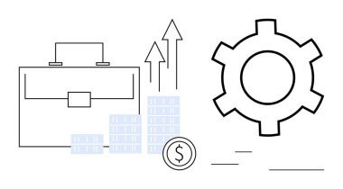 Evrak çantası, yükselen oklar, birikmiş para, para ve teçhizat büyümeyi, gelir başarısını, yeniliği, yönetim verimliliğini finansal ilerlemeyi taşır. Şirket stratejisini finanse etmek için ideal