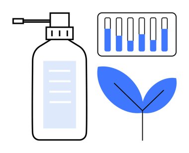 Sıvı içerikli sprey şişesi mavi çözeltilerle dolu test tüpleri ve yeşil yapraklı görsel. Sürdürülebilirlik, çevre dostu ürünler, cilt bakımı, ilaç araştırmaları, yenilikler için ideal