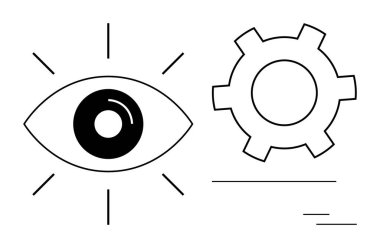 Işınlı göz sembolü görüşü iletir, dişli dişli süreç optimizasyonunu gösterir. Teknoloji, yönetim, strateji, yaratıcılık, yenilik, iş akışı, basit iniş sayfası için ideal