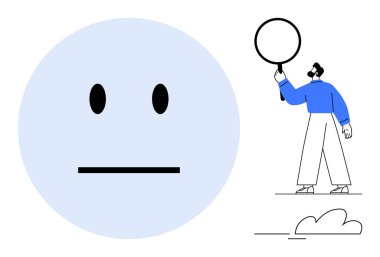 Büyüteç tutan adamın yanında, duyguları ve ifadeleri analiz eden büyük, tarafsız bir yüz. Duygusal araştırma, merak, gözlem, inceleme, duygu takibi, yaratıcılık, basit