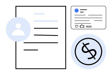 Profil fotoğrafı, belge, sosyal medya paylaşımı ve para işareti. Markalaşma, finans, CV oluşturma, dijital kimlik, sosyal medya kişisel gelişim için ideal basit iniş sayfası