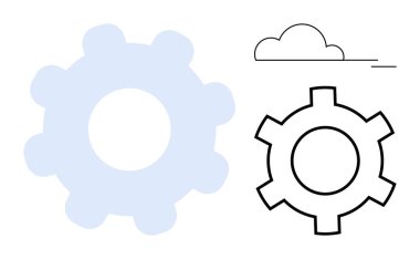 Birbirine bağlı vites şekilleri, biri ana hatlı, basit bir bulut tasarımı ile eşleştirilmiş. Teknoloji, takım çalışması, yenilik, mühendislik, süreç optimizasyonu, bulut hesaplama basit iniş sayfası için ideal