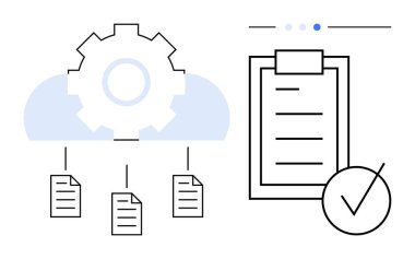 Dişli otomatik belge dağılımına sahip bulut simgesi, görev tamamlanmasını vurgulayan pano kontrol listesi. Bulut hesaplama, iş akışı, otomasyon, görev yönetimi, organizasyon, üretkenlik için ideal