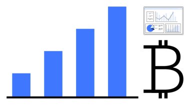 Mavi çizelge büyüme eğilimlerini, Bitcoin logosunu ve küçük bir analitik gösterge panelini gösteriyor. Kripto para birimi, finans, yatırım, veri analizi, pazar eğilimleri, basit iniş sayfası tahmini için ideal