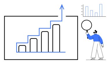 Yukarı doğru ok ile çizilen çubuk grafikler büyümeyi ve ilerlemeyi simgeler. Verileri analiz eden kişi gelişimi, stratejiyi ve iş anlayışını aktarır. Analiz, strateji, başarı, liderlik ve finans için ideal